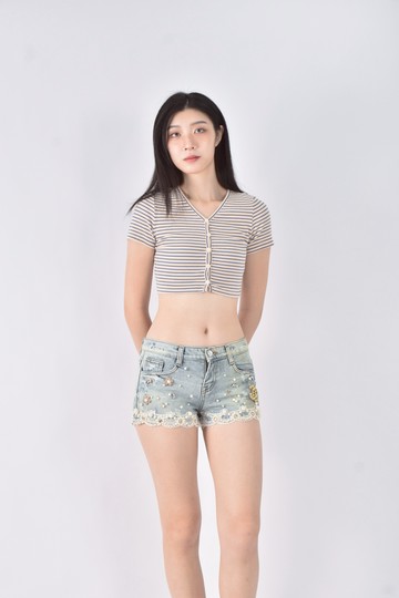 (S) burning丹寧牛仔質感蕾絲棉質純棉珍珠貼鑽藍色短褲