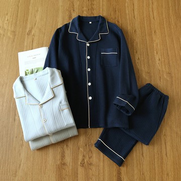 秋冬新款長袖純棉睡衣男士中厚翻領休閑純色男生全棉家居服套裝鑫弘-衣錦男裝