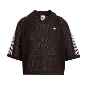 Adidas Crochet Polo 女款 棕色 寬鬆 針織 V領 polo衫 休閒 短袖 KE0198