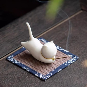 【聖誕節禮物】上香小貓香插+天然花調線香│陶瓷線香立座 抽獎