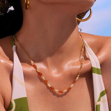 宏雲Hongyun- Xyx-輕奢夏日新款瑪瑙貝殼串珠手鍊項鍊不鏽鋼鏈條鍍18k金飾品