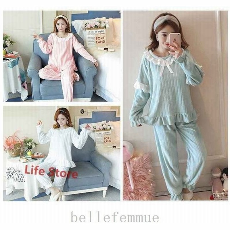 パジャマベロア長袖ルームウェア上下セットもこもこレディース2点セットフリースレースリボン厚手可愛い冬部屋着長ズボン 通販 Lineポイント最大0 5 Get Lineショッピング