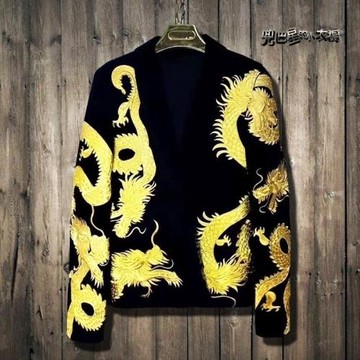 中國風龍袍刺繡復古小西裝男夜店歌手演出西服婚紗影樓拍攝金外套