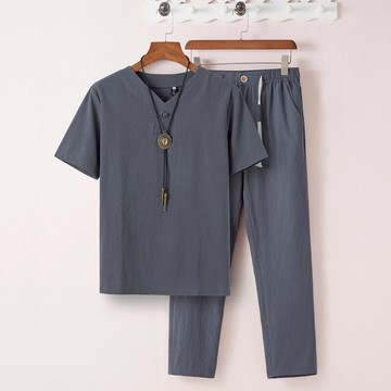 夏季中年男棉麻套裝中老年爸爸夏裝短袖寬松老年爺爺休閑亞麻套裝