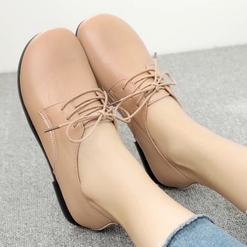 平底單鞋女2025春季真皮軟底軟皮春秋皮鞋系帶媽媽鞋工作鞋休閑鞋