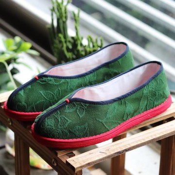 新品純手工千層底布鞋女農家媽媽納底綠提花老北京平底淺口女士鞋