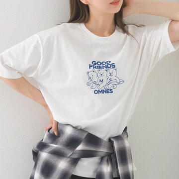 日本 OMNES - 純棉印花休閒短袖上衣-小熊好朋友-白 (M)