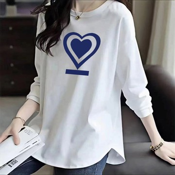 愛依依 上衣 長袖T卹 印花上衣 中長款 M-2XL新小眾弧形長袖白色中長款寬鬆顯瘦打底衫ins上衣-9834.