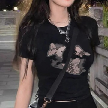 胖胖美依 短袖T卹 上衣 短版上衣 印花上衣 小衫 S-XL新款美式款甜辣妹修身顯瘦純欲風露臍上衣-4341.
