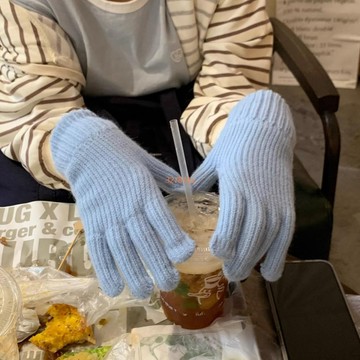 針織手套 奶油藍軟乎乎分指 手套 ~ins風 針織 棉 手套 冬款加厚內裏毛絨保暖 手套免運⚡⚡