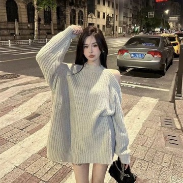 【FROCK】毛衣上衣 秋冬韓係露肩長袖氣質簡約中長款上衣 長袖上衣 寬鬆上衣 毛衣外套 顯瘦上衣 毛衣00