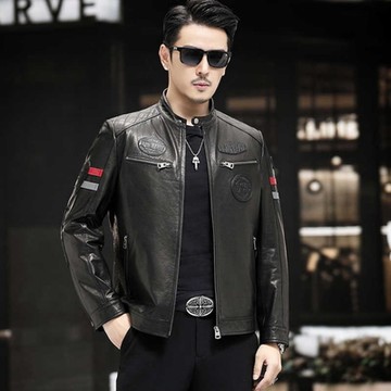 [米蘭精品] 真皮皮衣外套-山羊皮帥氣立領機車夾克壓紋LOGO男外套黑色74ja89