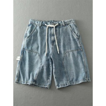 復古水洗伐木多口袋工裝牛仔褲男夏季五分褲寬松直筒美式短褲褲子