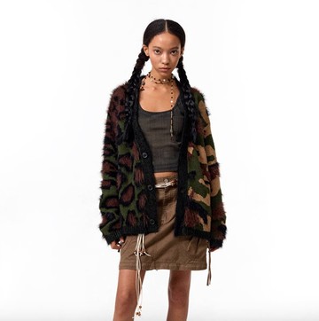 美式復古 迷彩拼接豹紋毛衣開衫