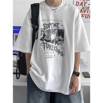 短袖t恤男生2025夏季款潮牌潮流美式新疆棉寬松百搭復古印花衣服