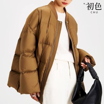 初色 休閒風簡約保暖加厚純色雙向拉鍊棒球領長袖科技羽絨棉外套女外套-共2色-16682(M/L可選)
