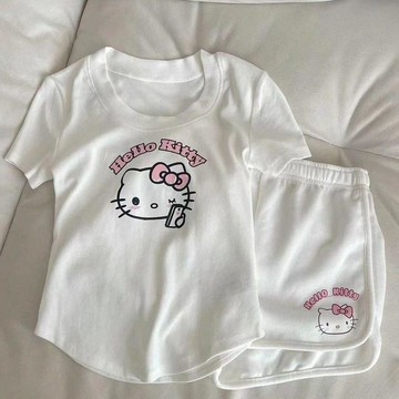 【臺灣-出貨】2026夏季新款冰絲HelloKitty套裝可愛印花短袖百搭短褲單/套裝SHAO1