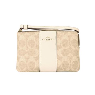 COACH-烙印馬車滿版PVC皮革L型拉鍊手拿包(淺卡其x白槓)