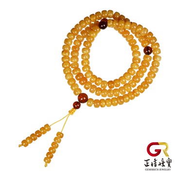 【正佳珠寶】蜜蠟琥珀 頂級花蜜蠟 5x8mm 蘋果形蜜蠟轉運珠 108顆念珠｜日本彈力繩
