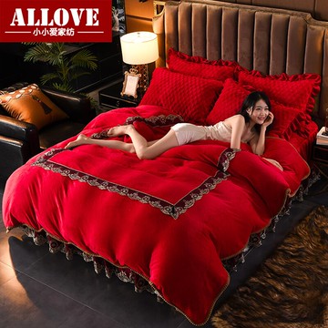 法蘭絨夾棉床裙四件套大紅保暖雙面絨陪嫁喜被套冬天婚慶結婚床罩