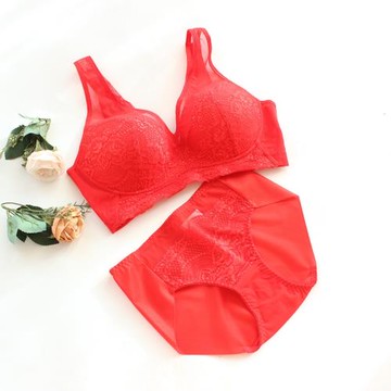 本命紅色內衣內褲文胸套裝新娘結婚不掉肩帶無鋼圈全罩杯無痕內褲