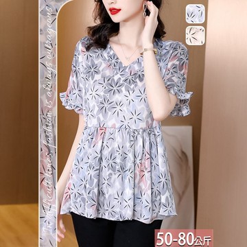 大V花卉撞色印花皺褶收腰荷葉袖上衣(2色) L-4XL【483273X】【現+預】☆流行前線☆