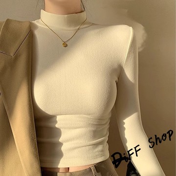 韓版半高領彈性緊身薄內刷毛長袖上衣【W546】