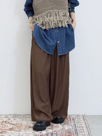 緞面褶皺感後鬆緊設計休閒寬褲(0F001233910) - Samansa Mos2 blue