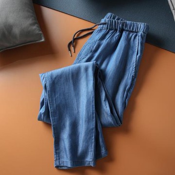 天絲牛仔！輕薄透氣！男士春夏薄款抽繩松緊腰直筒束口休閑牛仔褲