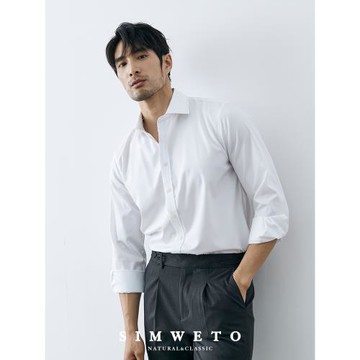 2025新品 絲滑帶彈力 休閑藍色襯衫免燙防皺溫莎領修身純白襯衣潮