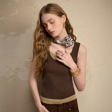 SO NICE 假兩件式撞色拼接U領針織背心上衣