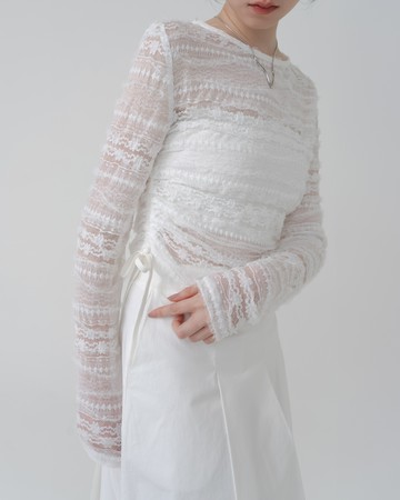 側抽皺綁帶蕾絲透膚上衣-白 S/M