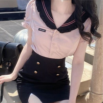【WYZ】夏日穿搭 jk制服學院風水手服純色襯衫包臀裙辣妹套裝新款女茶系穿搭一整套