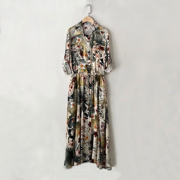 訂製系列-天絲亞麻印花綁帶長洋裝