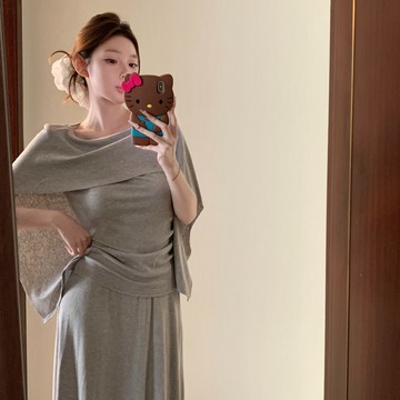 四色實拍 時尚簡約短袖針織衫女+半裙套裝女 慵懶風氣質灰色上衣女 簡約風寬鬆針織長裙 飄帶垂墜感上衣 遮肉顯瘦休閒穿搭