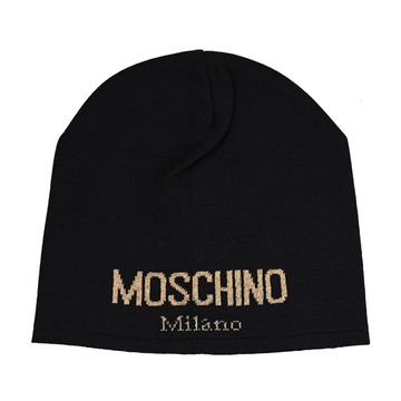 MOSCHINO 65294 品牌LOGO銀蔥羊毛混紡針織保暖毛帽.黑