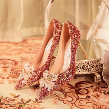 秀禾服婚紗兩穿婚鞋女亮片高級感法式細跟中式新娘鞋紅色高跟鞋