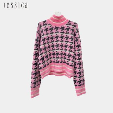 JESSICA - 氣質經典立領千鳥格羊毛針織上衣J44504