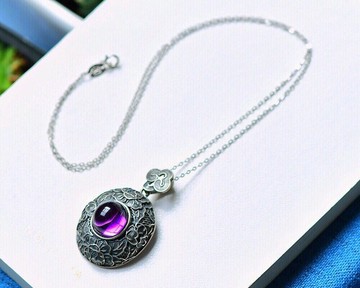 天然巴西紫水晶蛋面鑲嵌吊墜 鎖骨鏈 顏色水潤