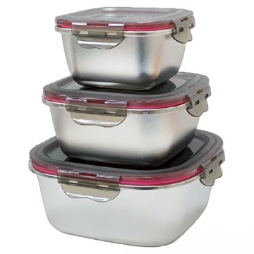 304不鏽鋼 可微波 正方形趣味保鮮盒 3件組  600ml + 1.2L + 2.4L  1組