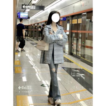 TLGIS春季新款藍色小香風格子襯衫女ins潮牌女寬松夾克顯瘦外套女