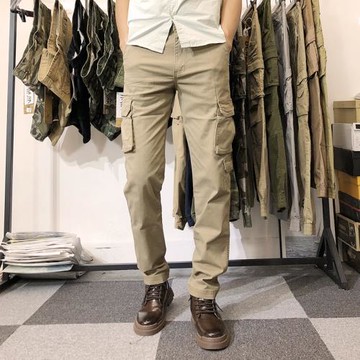 美式復古工裝褲男修身直筒男士休閑長褲潮牌機能多口袋卡其色褲子