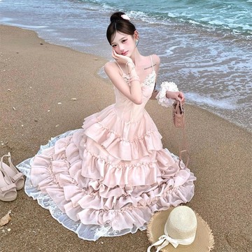 【夏天Summer】🔥法式甜美風重工設計蕾絲吊帶連衣裙夏季新款超仙收腰蛋糕長裙子女