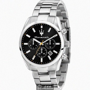 MASERATI手錶，編號R8853151010，42mm銀圓形精鋼錶殼，黑色三眼， 中三針顯示錶面，銀色精鋼錶帶款_廠商直送