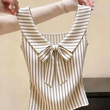 韓系通勤風蝴蝶結條紋無袖襯衫女夏季新款設計感小衆收腰顯瘦上衣 短袖衣服 夏季襯衫 條紋襯衫 背心上衣 無袖上衣
