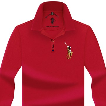 【新款熱賣】繡花秋冬休閑純色刺繡polo衫男士長袖t恤商務翻領寬松中年上衣男t