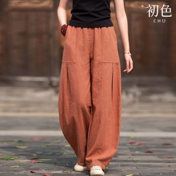 初色 文藝復古薄款純色高腰鬆緊腰燈籠褲休閒褲寬褲長褲-共3色-16074(M-2XL可選)