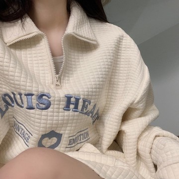 W04 CU🥰現貨秒出❤️華夫格polo領百搭衛衣🌹鬆餅格拉鏈立領寬鬆百搭長袖T恤上衣/大學T