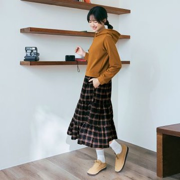 OB嚴選中大尺碼-日系假兩件拼接格紋連帽衛衣長洋裝《DA10644》