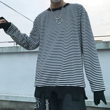 FINDSENSE Z1 日系 時尚 潮 男 時尚複古 細條紋 撞色 特色剪破剪裁 長袖T恤 上衣 衛衣